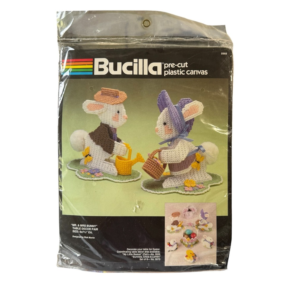 Vtg Bucilla Mr Mrs Bunny Plastic Canvas Kit 5968 Easter Table Decor Dick Martin